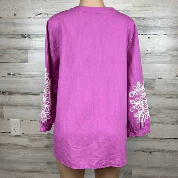 Talbots Embroidered Linen Blend Balloon Sleeve Tunic Size Large Boho Pink Resort - Picture 3 of 8